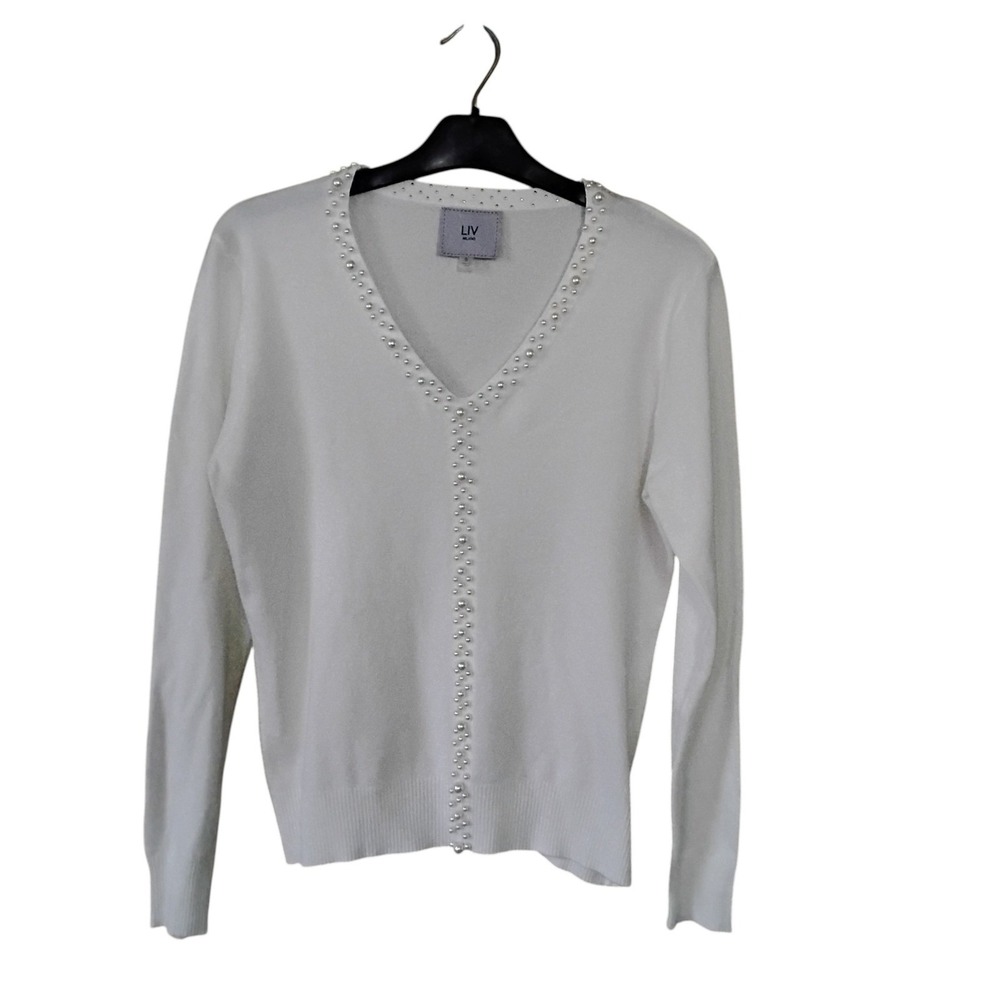LIV Milano White V-Neck Pearl Stud Embellished Viscose Blend Sweater Small
